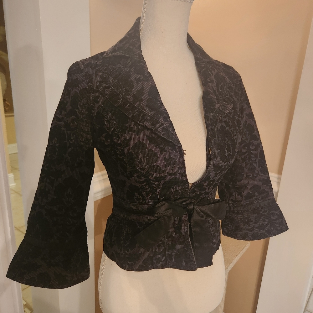 Free people black  velvet damask print corduroy Cropped vintage jacket small 0